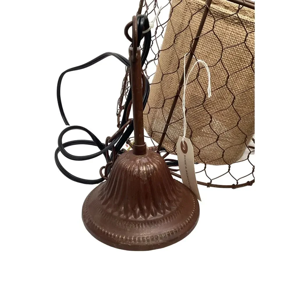 Farmhouse Pendant Light Lamp Rustic Chicken Wire Shade with Burlap Center‎ Brown